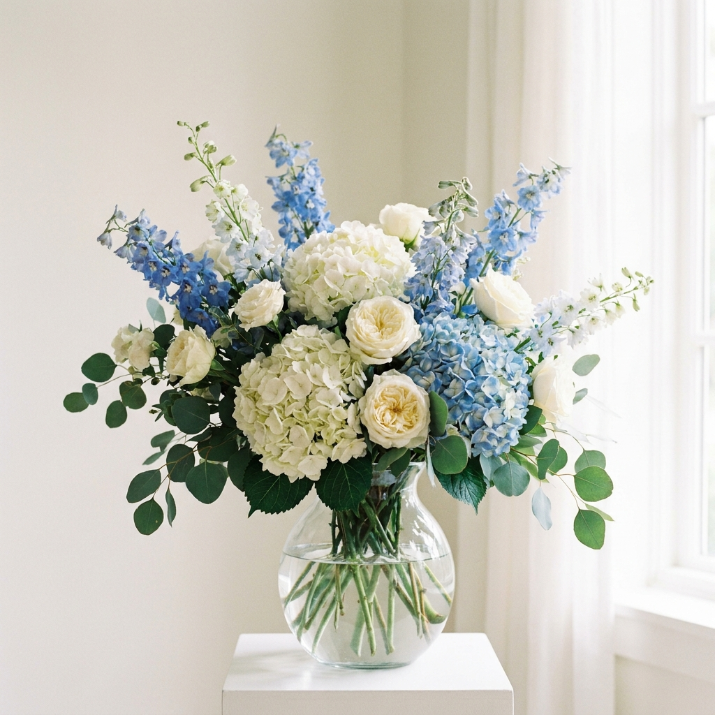 White and Blue Hydrangea in a Vase