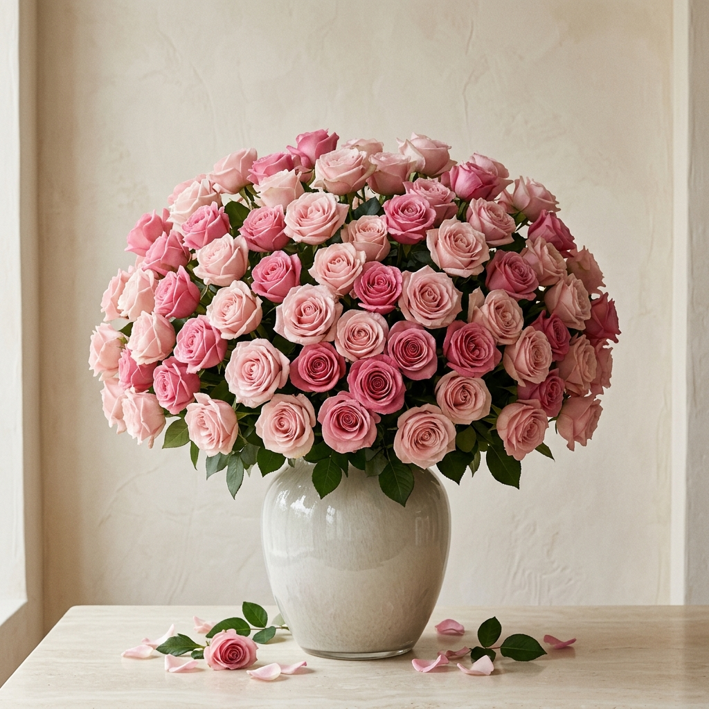 200 Pink Roses in a Vase