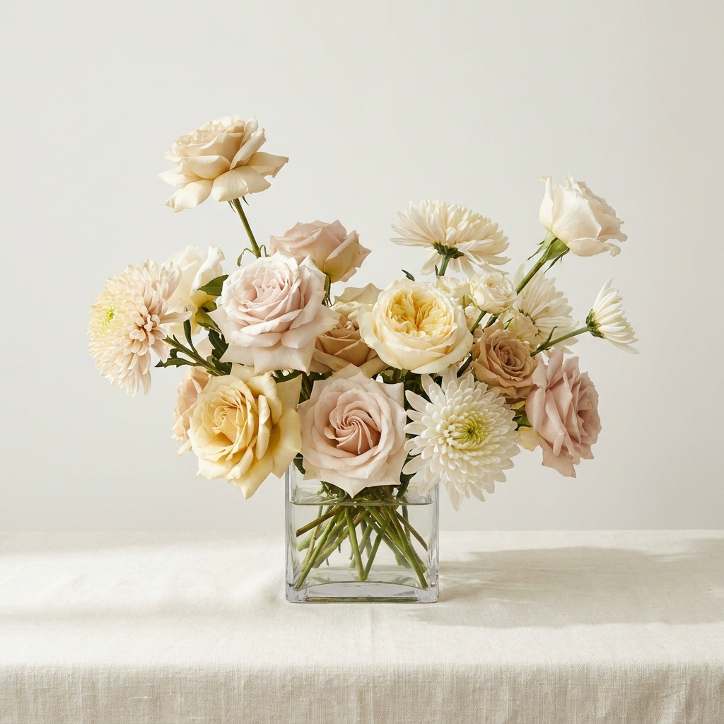 Roses and Chrysanthemum In a Cube Vase