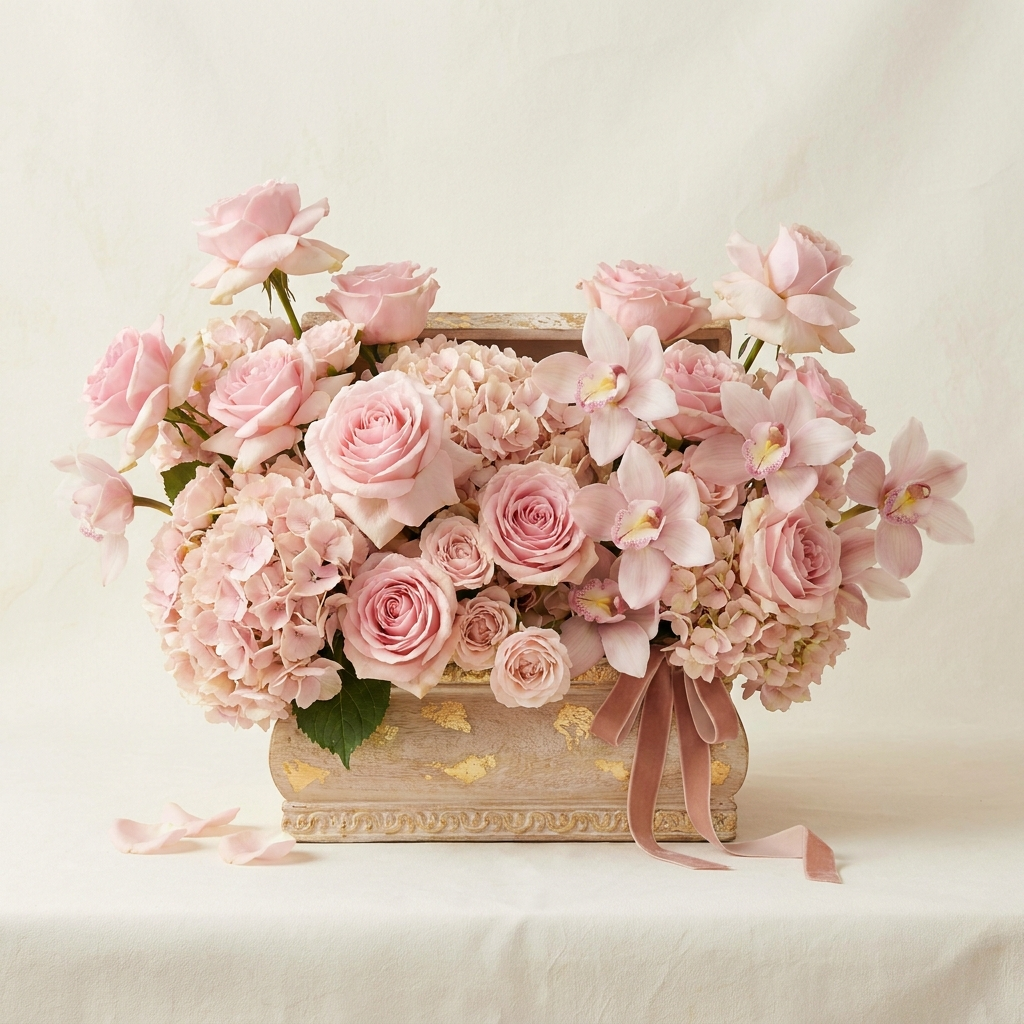 Pink Roses Hydrangeas Cymbidium Box Arrangement