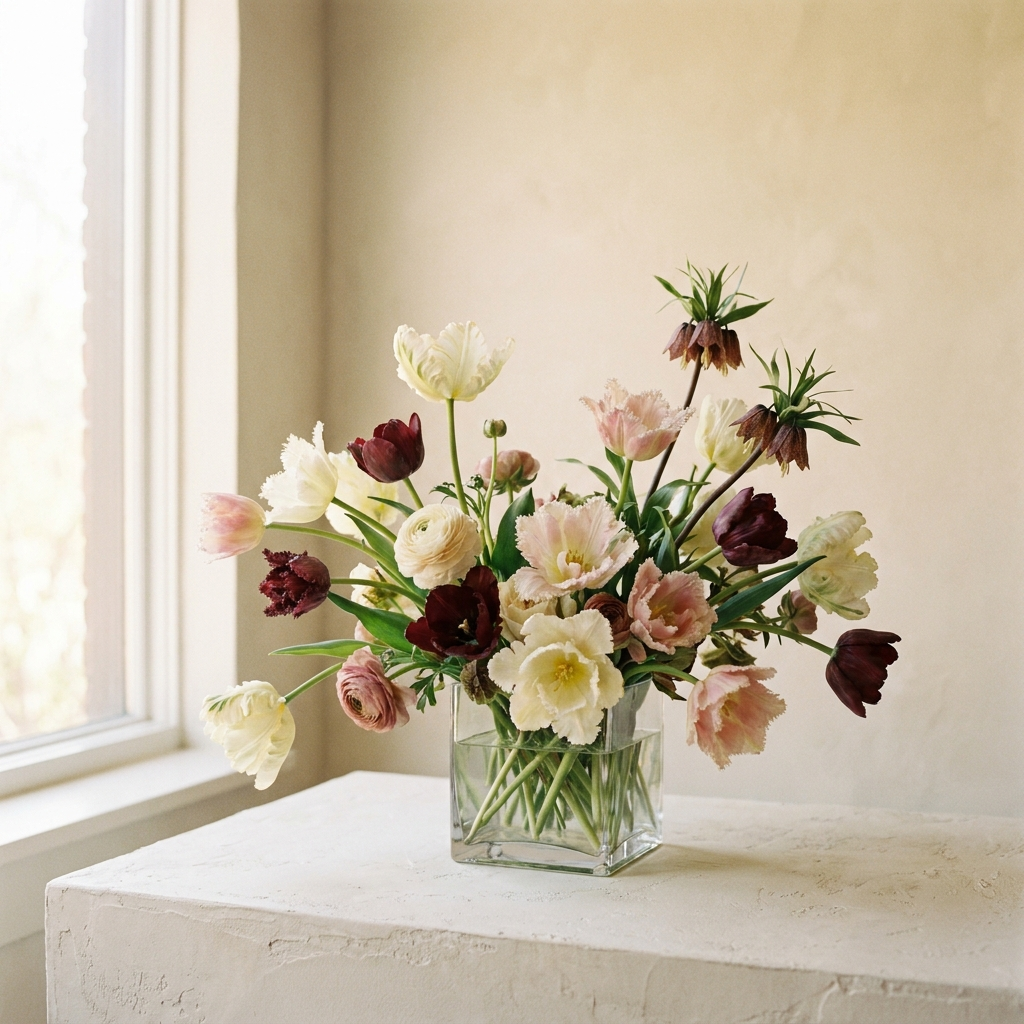 Mix Tulips In a Cube Vase