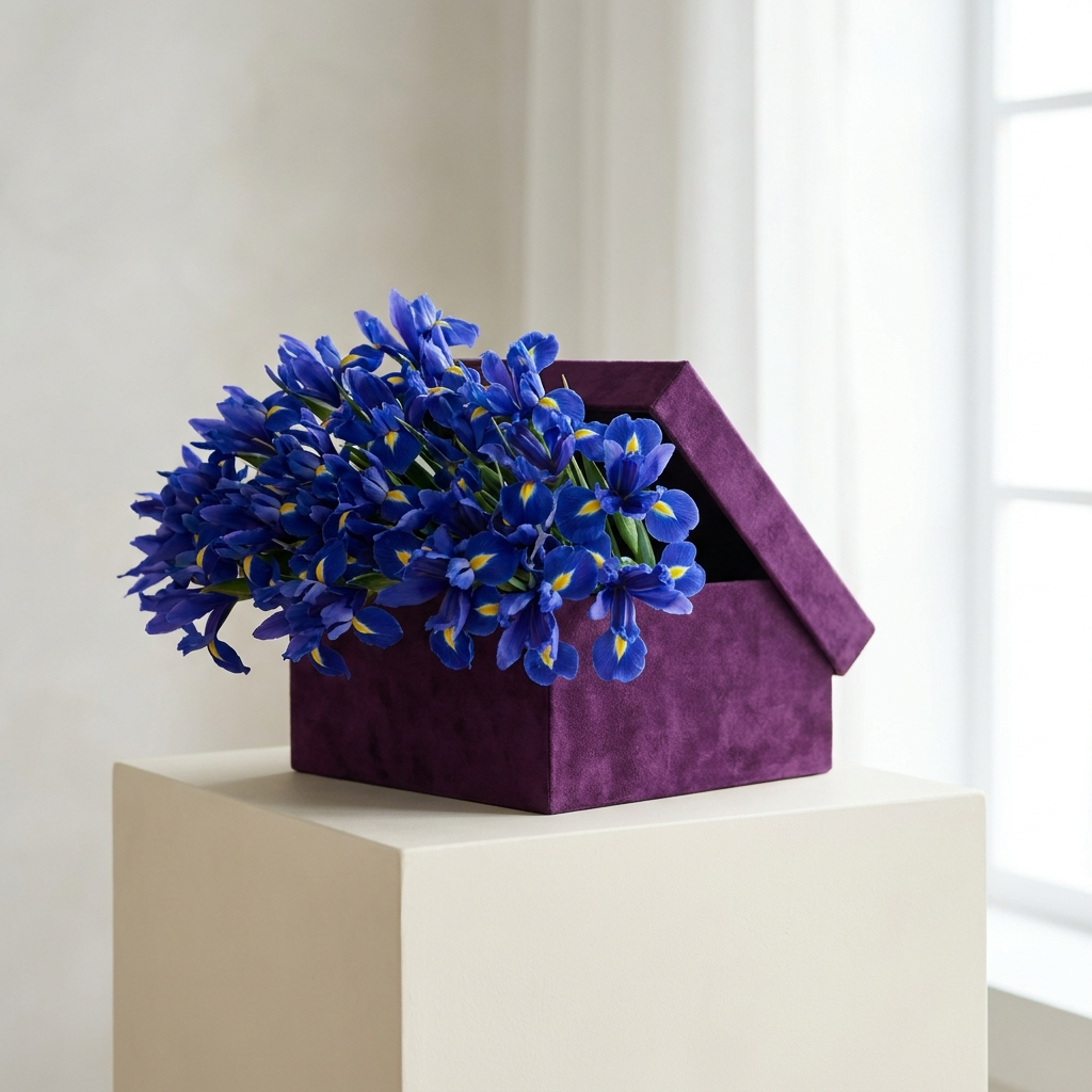 30 Blue Iris Flowers In a Purple Box