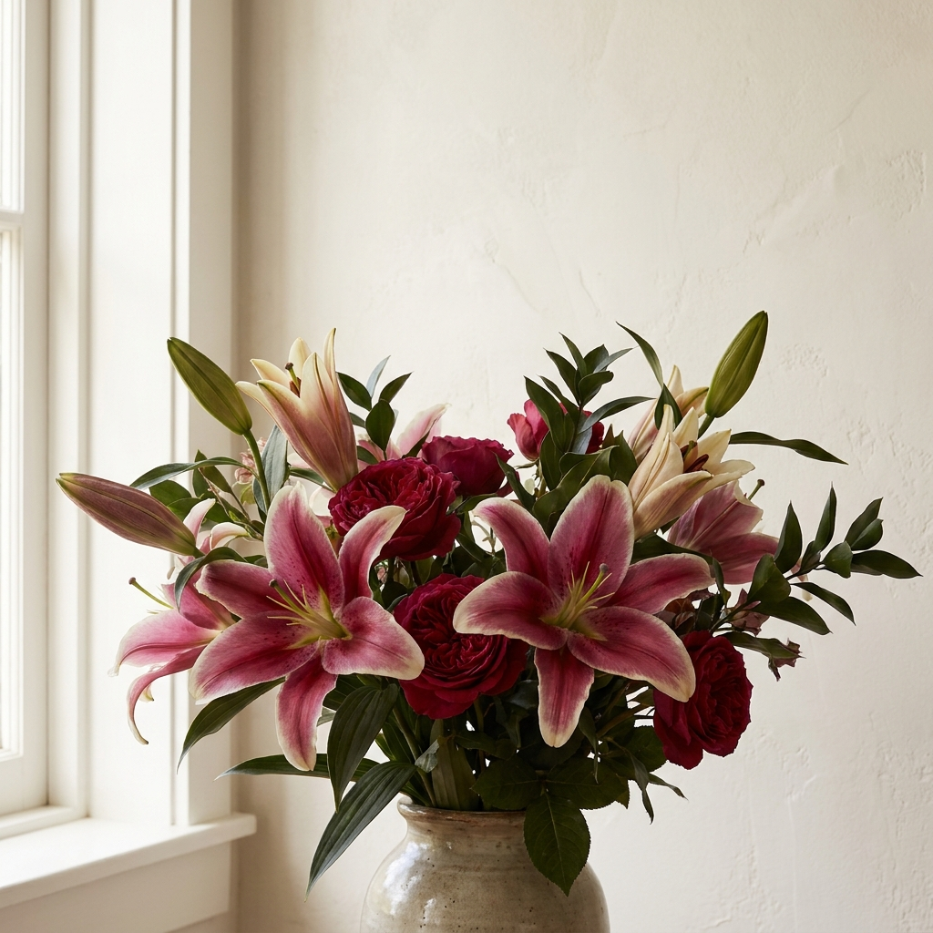 Pink Lilies and Red Roses