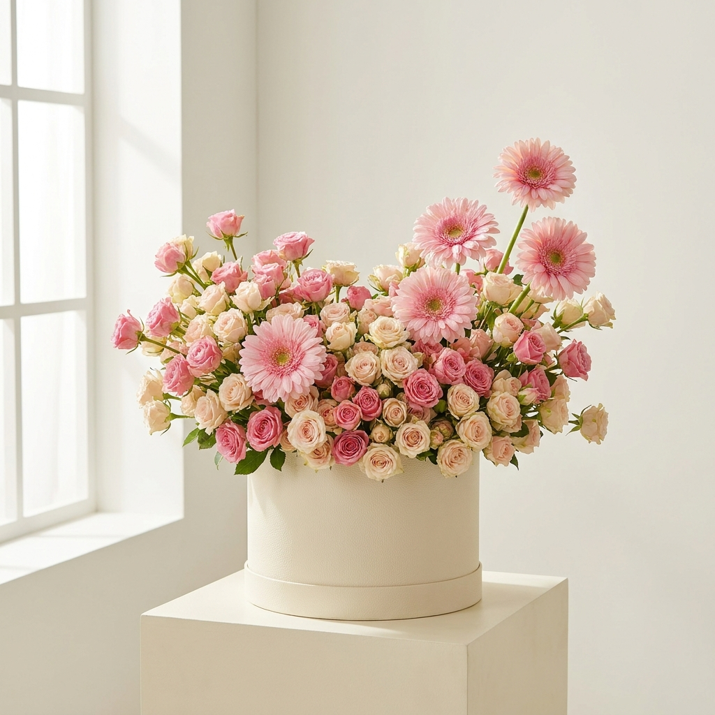 100 Spray Roses and Pink Gerbera in Box