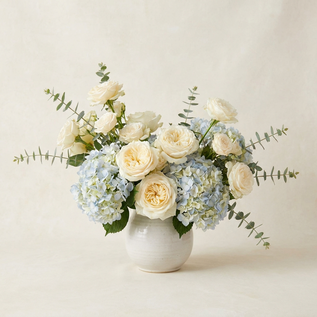 White Rose and Blue Hydrangea Bouquet