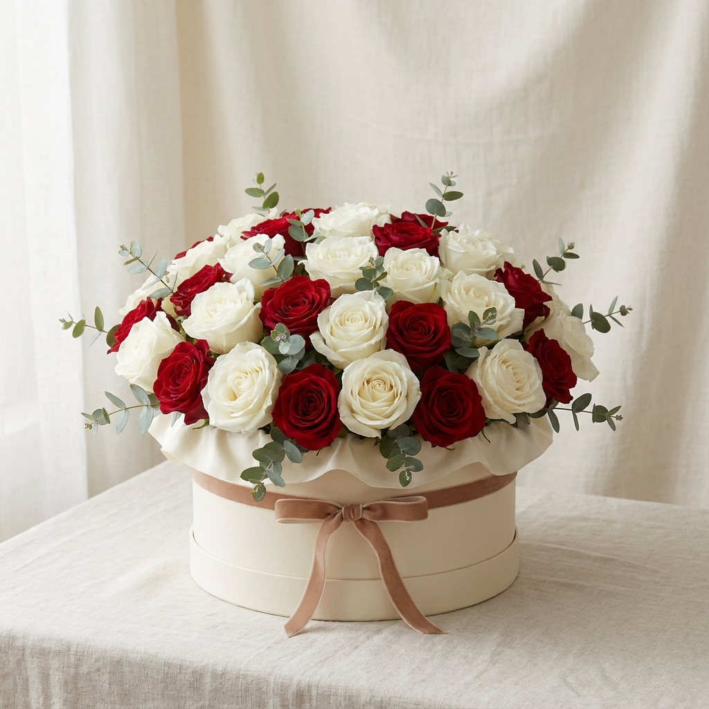 60 Romantic White and Red Roses In a Box