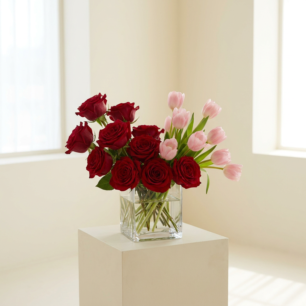 Red Roses and Pink Tulips In a Cube Vase
