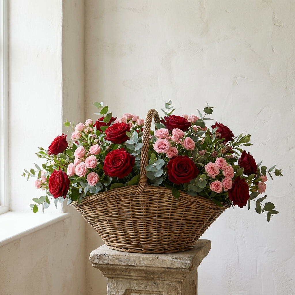 50 Red Roses and 150 Pink Spray Roses In a Basket