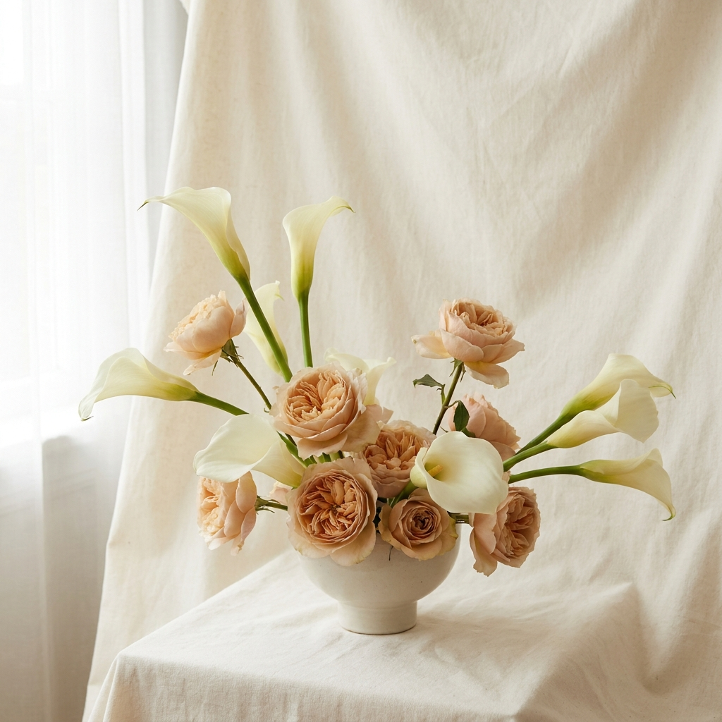 Pure Elegance White Lily and Peach Rose Arrangement