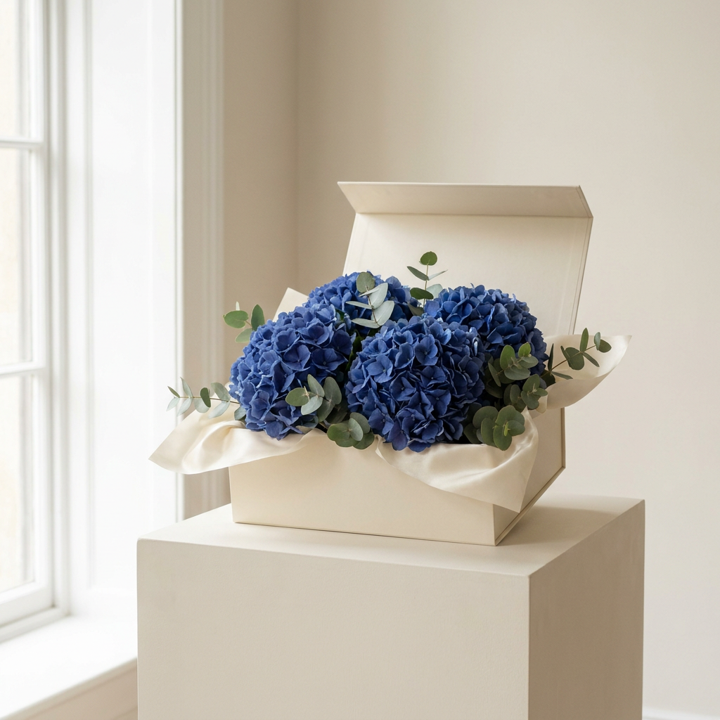 Elegant Blue Hydrangea Box Arrangement
