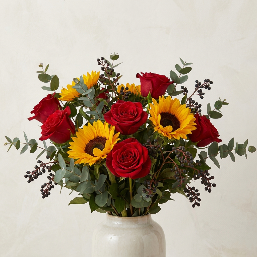 Red Roses and Sunflowers Bouquet