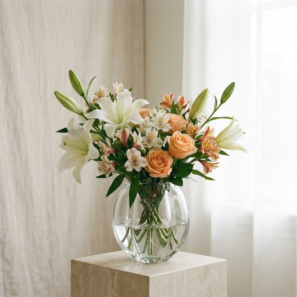 White Lilies Alstroemeria and Peach Roses Vase