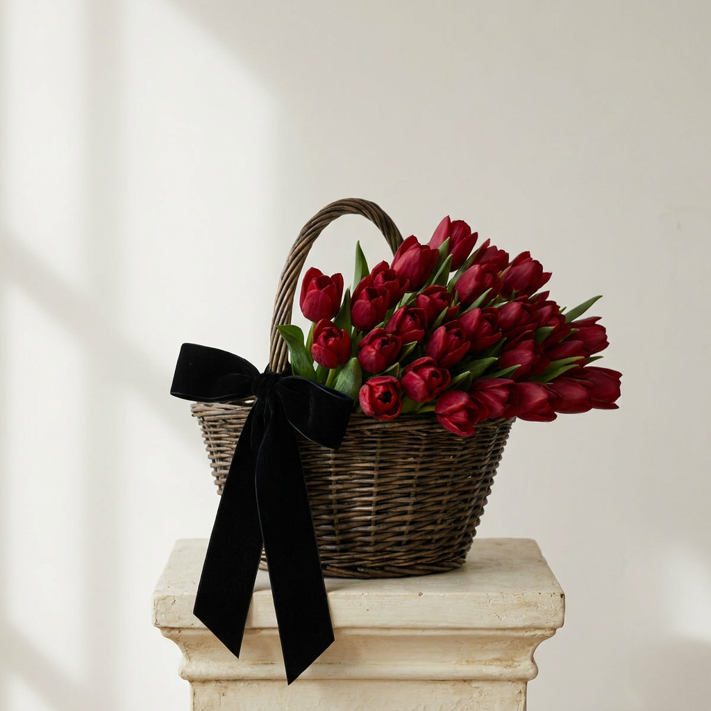 51 Red Tulips Basket Arrangement
