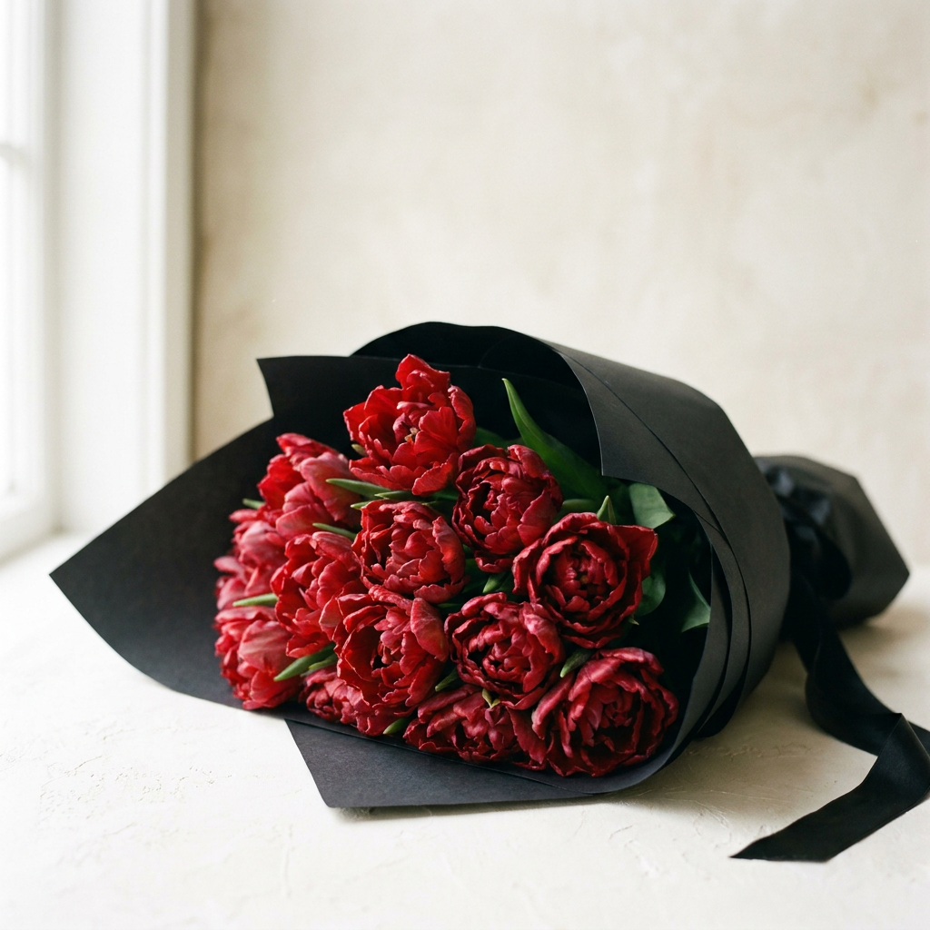 Premium Red Tulips Bouquet in Black Wrap