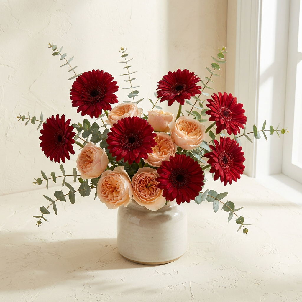 Luxury Red Gerbera Peach Roses Bouquet