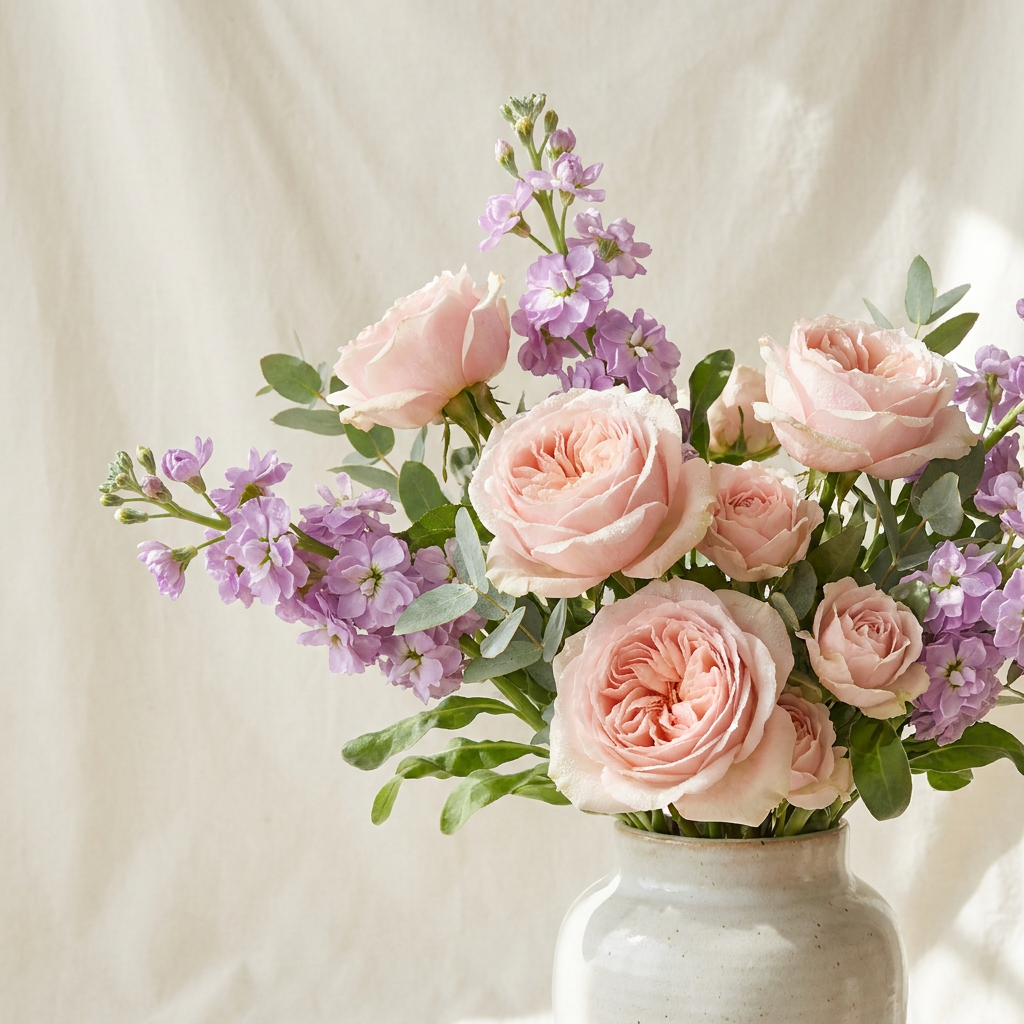 Blush Pink Roses and Purple Matthiola Bouquet
