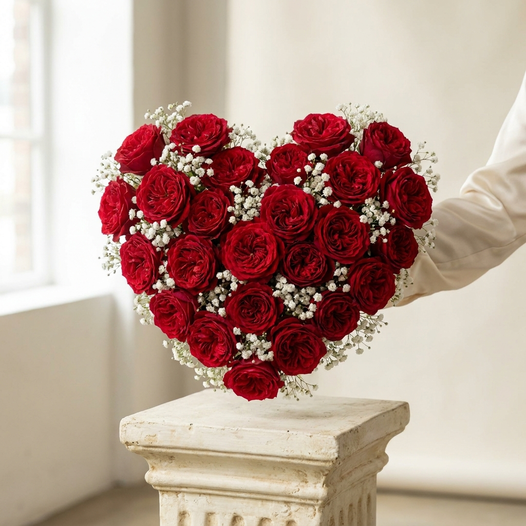 Romantic Heart Bouquet Red Roses and Babys Breath