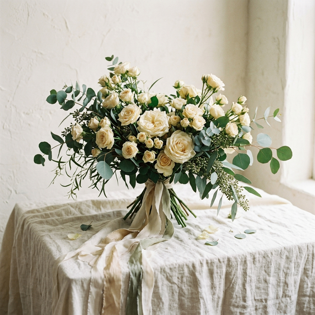 Elegant Cream Baby Roses Bouquet with Eucalyptus