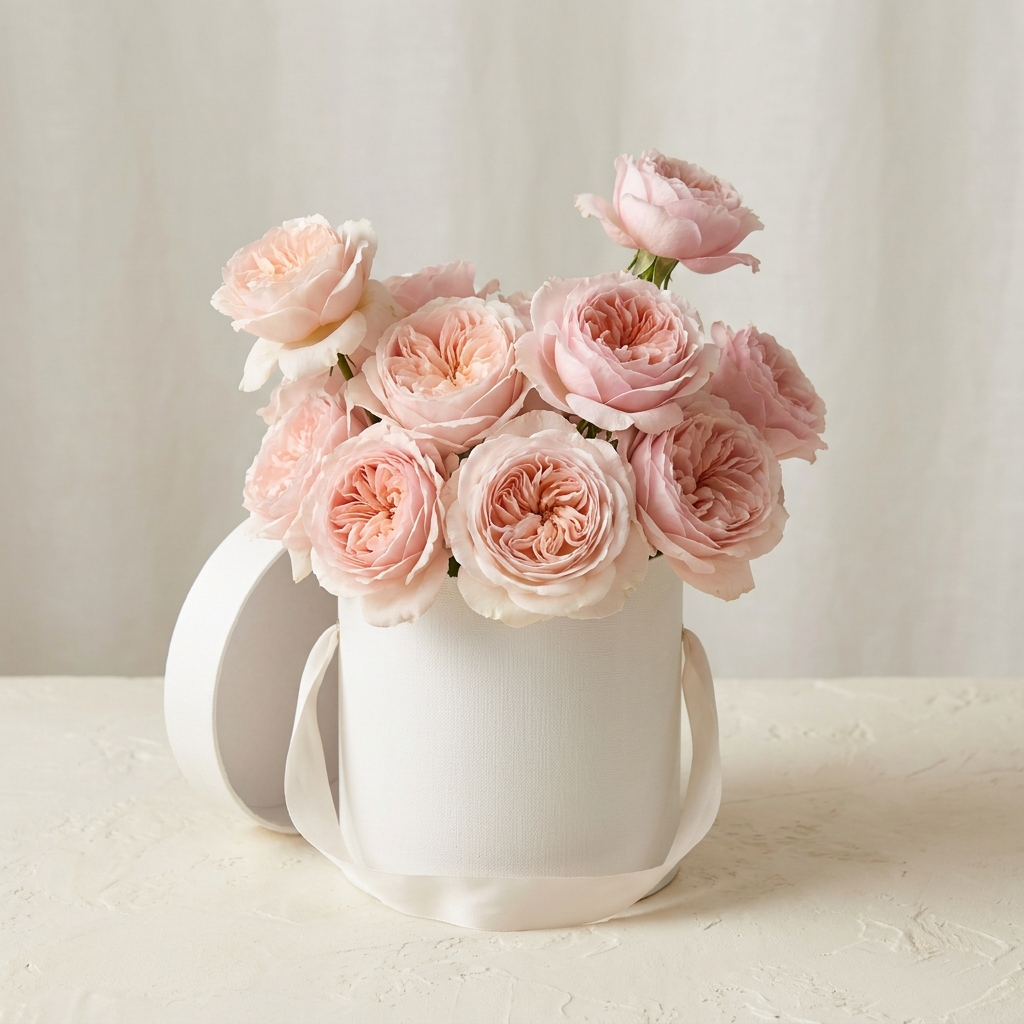 Romantic Pink Roses In A White Box