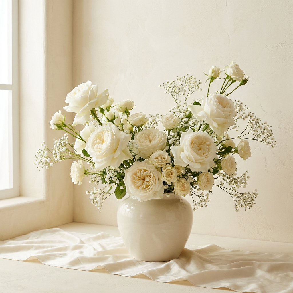 White Roses Bouquet with Baby's Breath