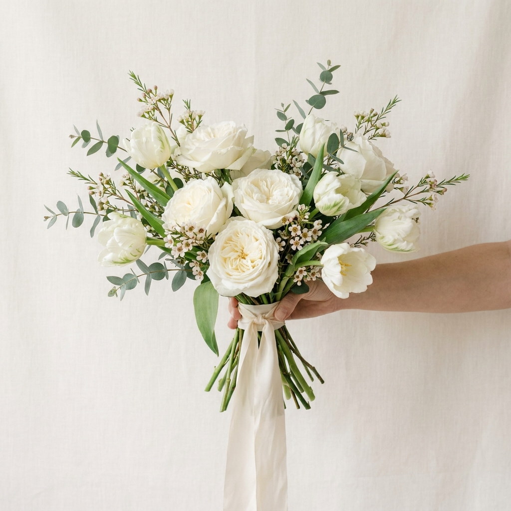 White Tulips and Roses Hand Bouquet
