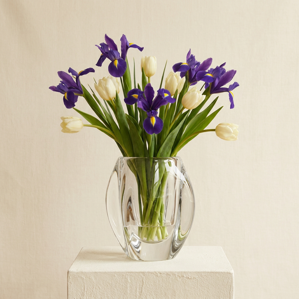 Purple Iris and White Tulips Vase Arrangement