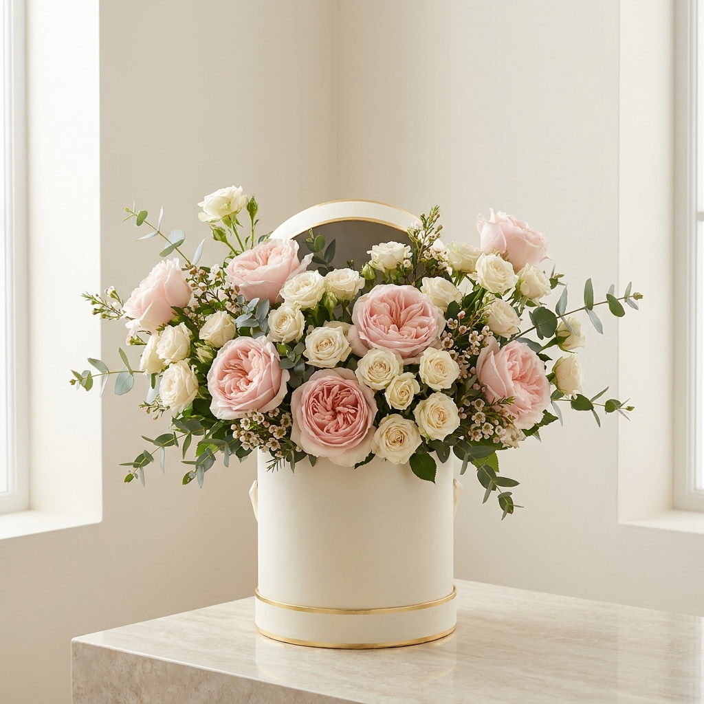 Pink and White Roses Luxury Box Arrangement