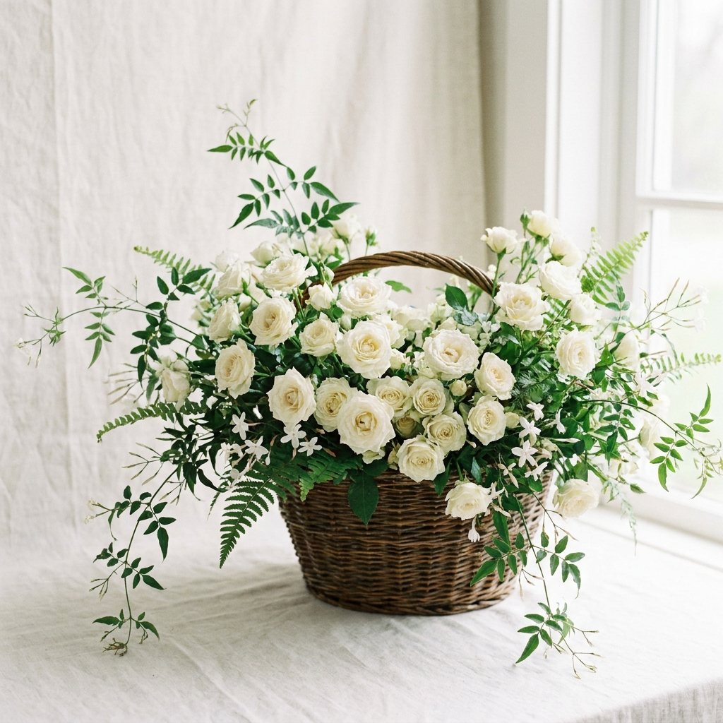 White Spray Rose Basket Arrangement