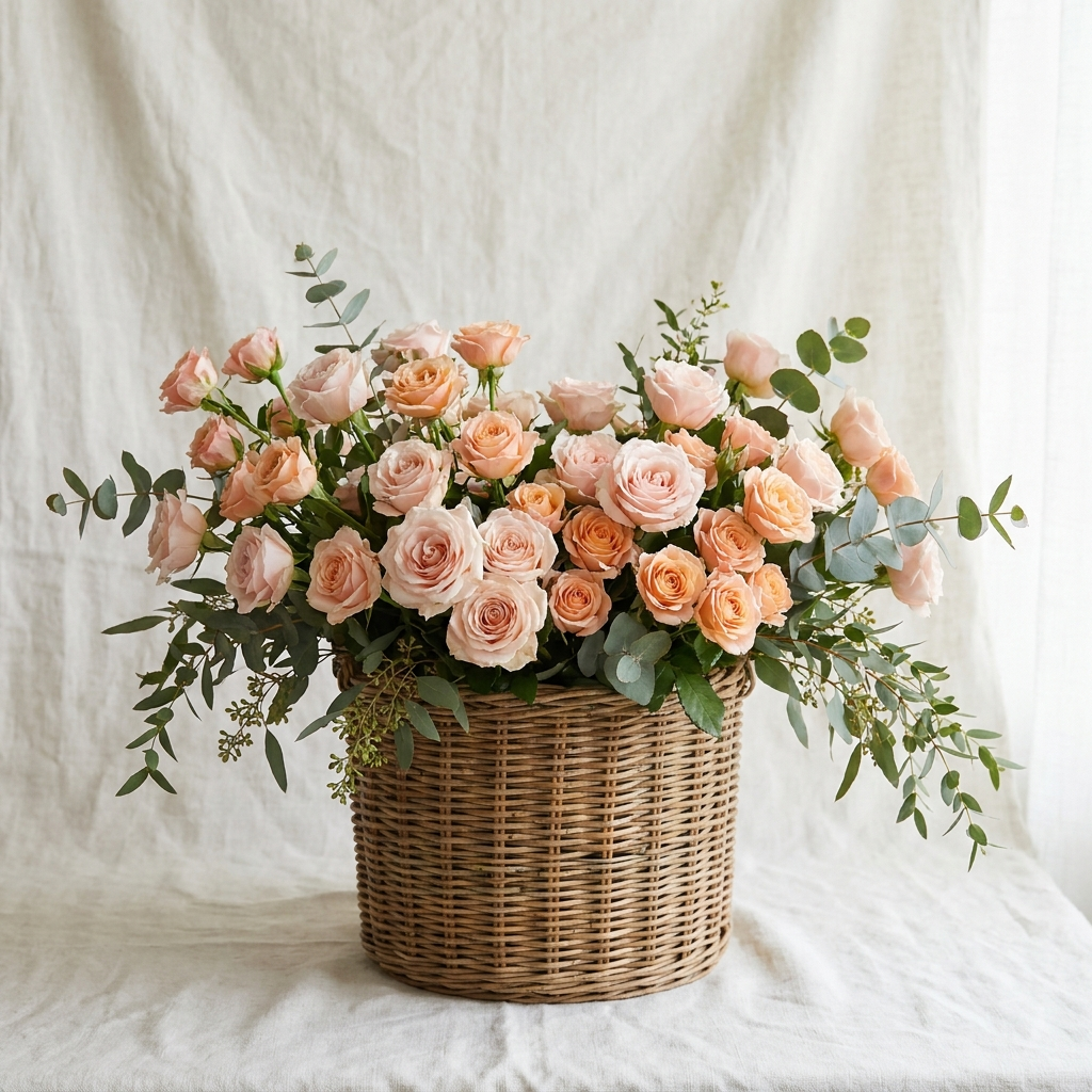 Peach Spray Rose Basket Arrangement