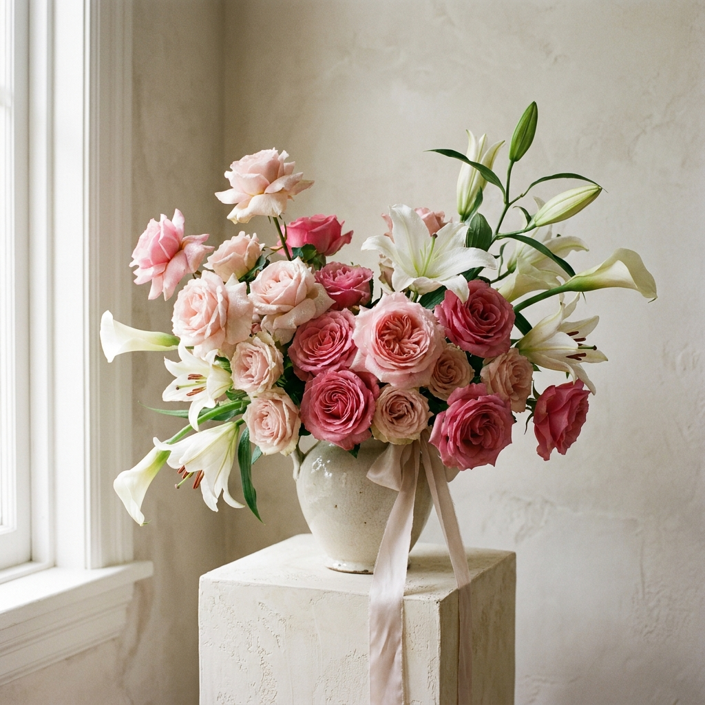 Pink Roses and White Lily Bouquet