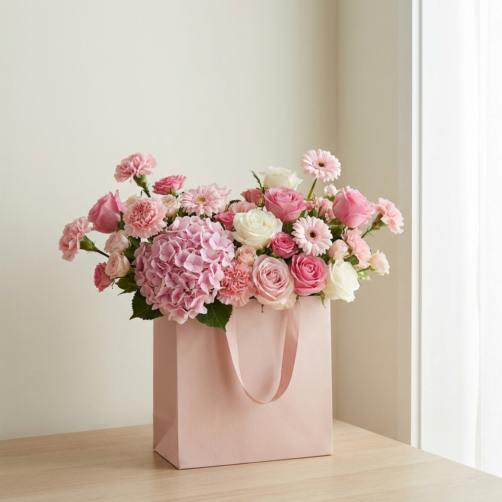 Luxury Pink and White Mixed Flower Bag Arrangement