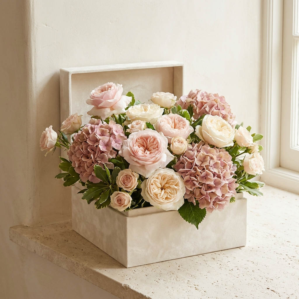Pink Hydrangea and Garden Rose Box Arrangement