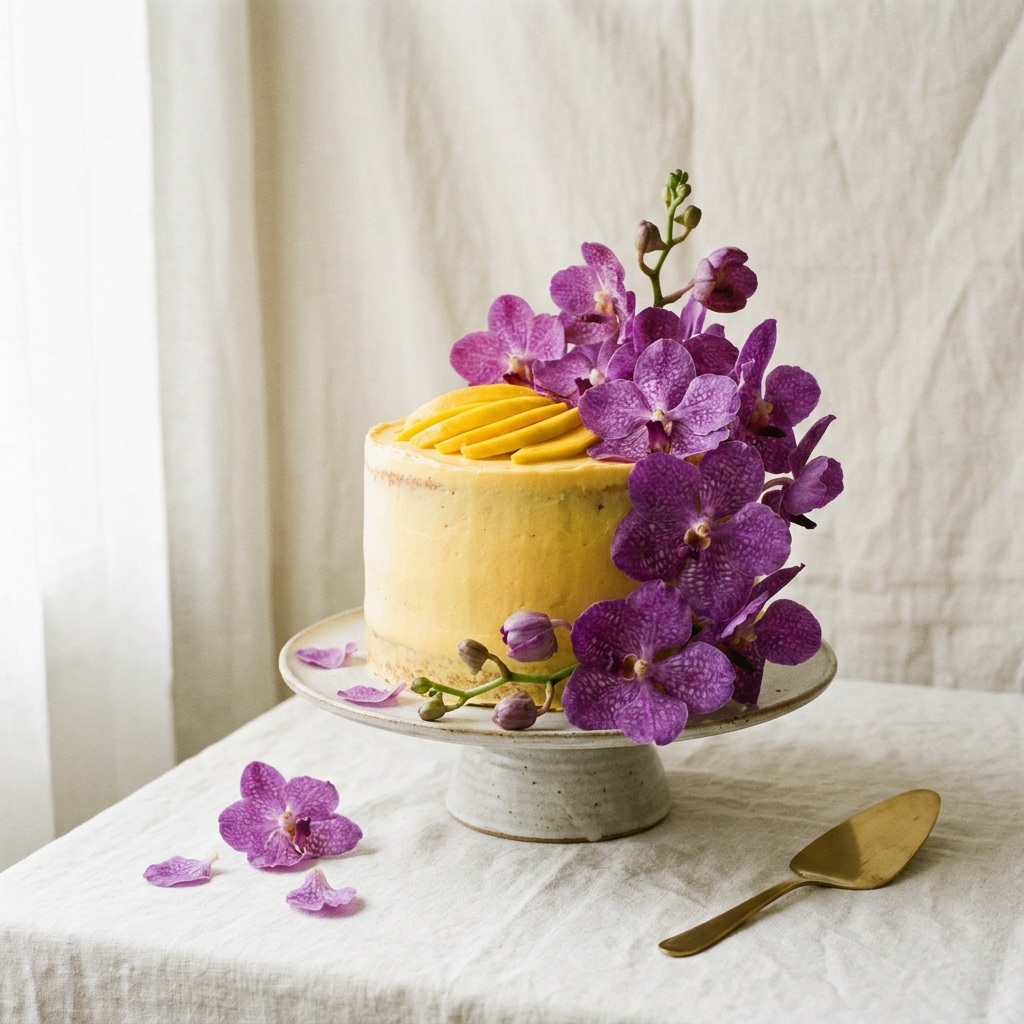 Purple orchid and mango cake