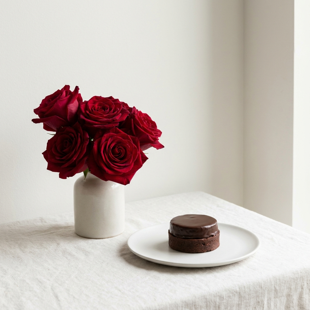 Red roses and chocolate cake
