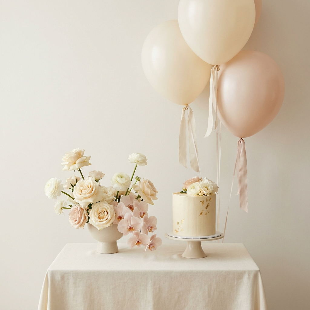Birthday combo flowers cake and balloon