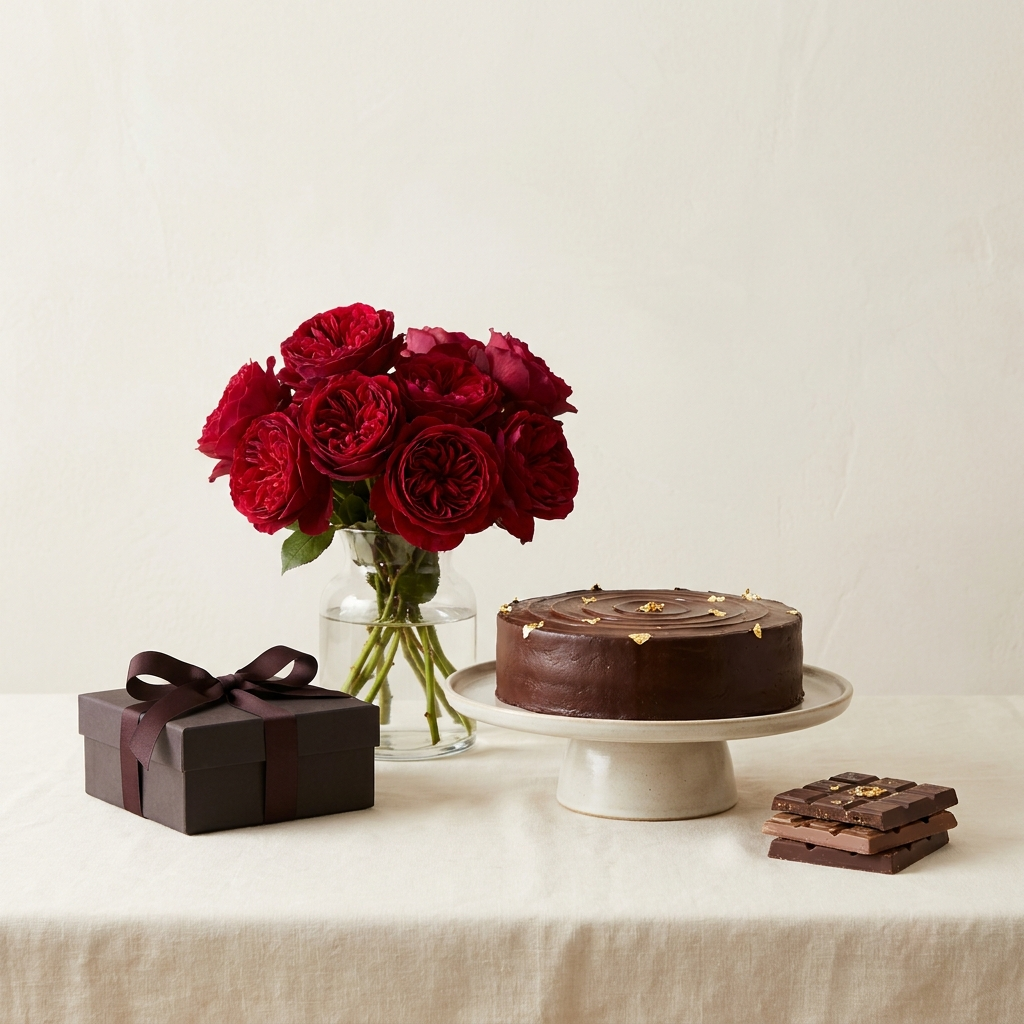 Red roses and chocolate cake gift set