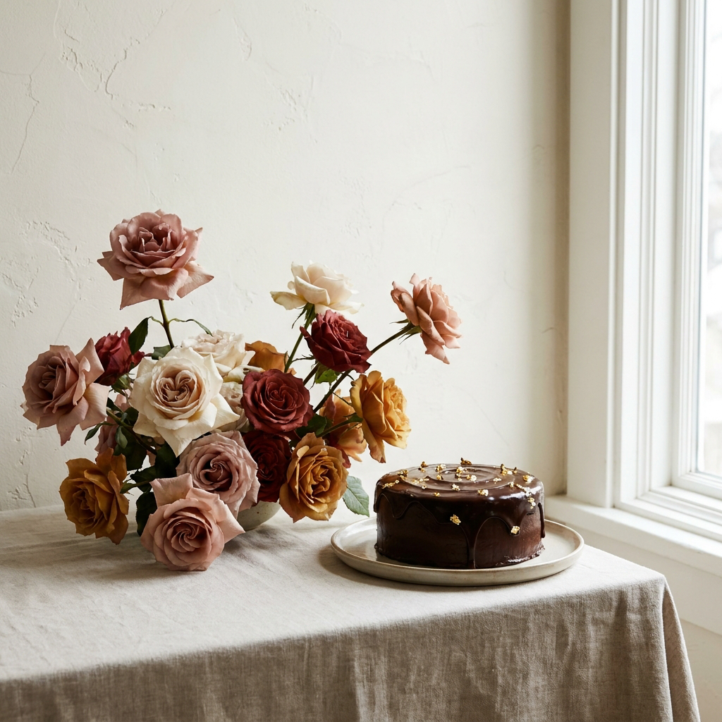 Assorted roses and chocolate cake combo
