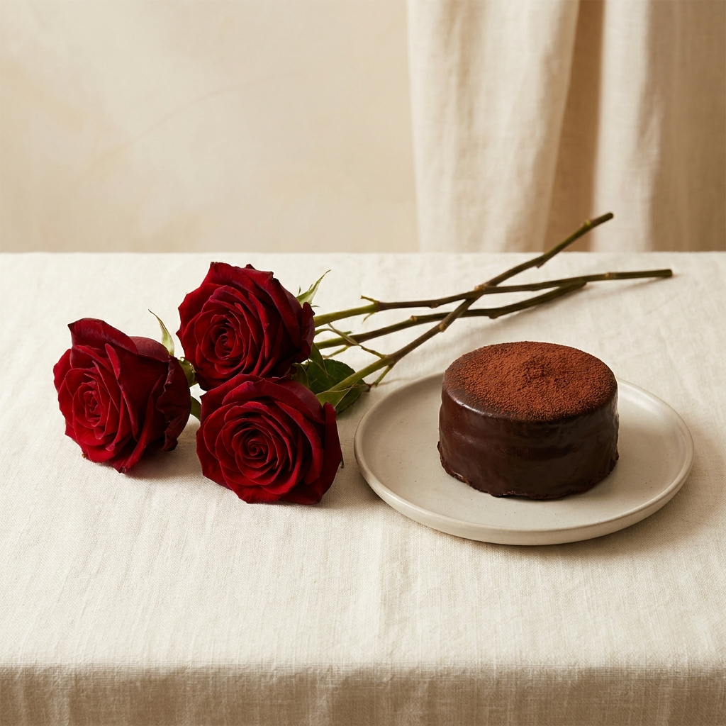 Three red roses with chocolate cake