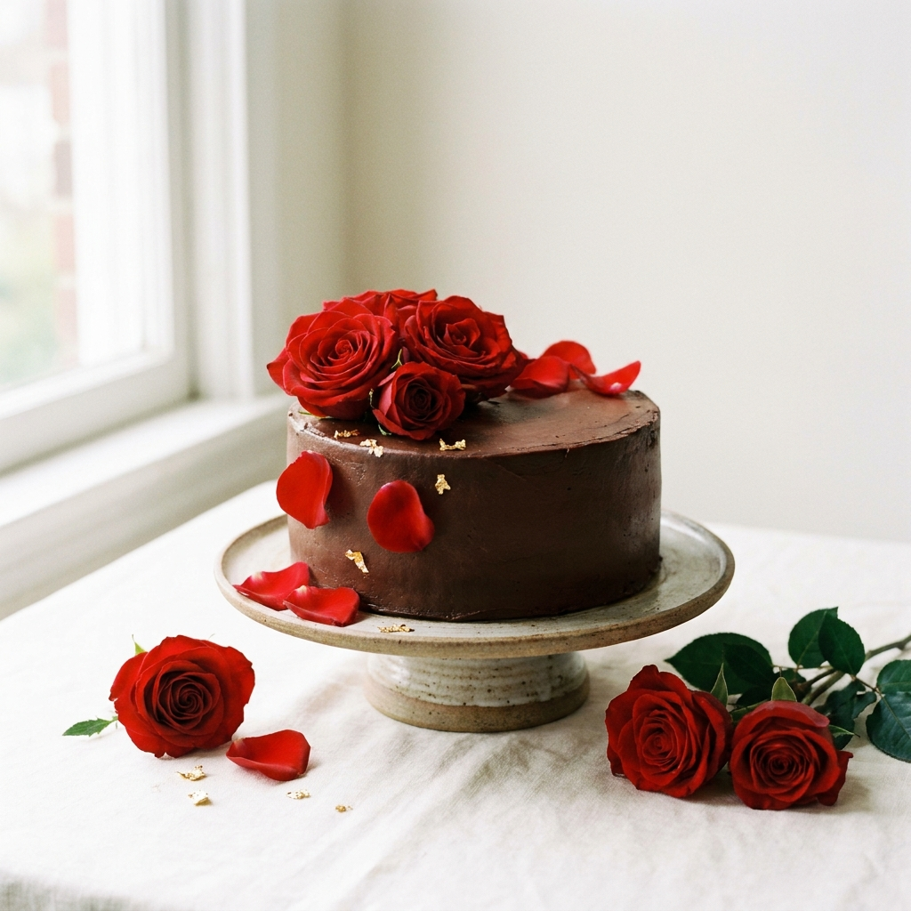 Classic red roses with chocolate cake