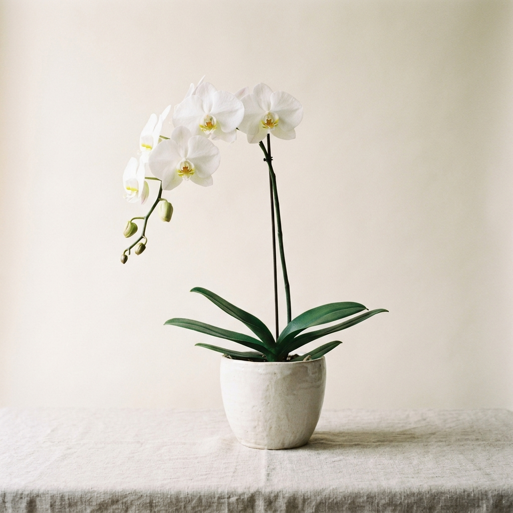 Single stem white orchid plant