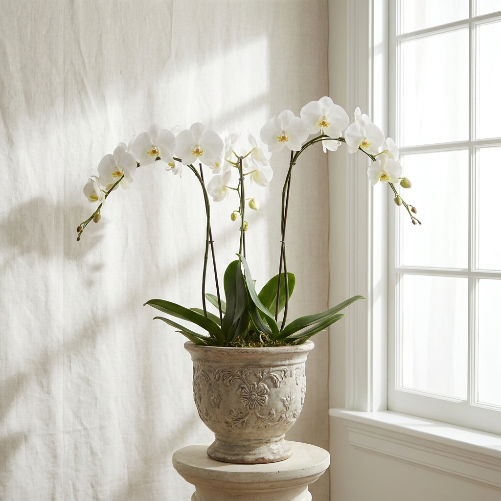 White orchids plants in a pot