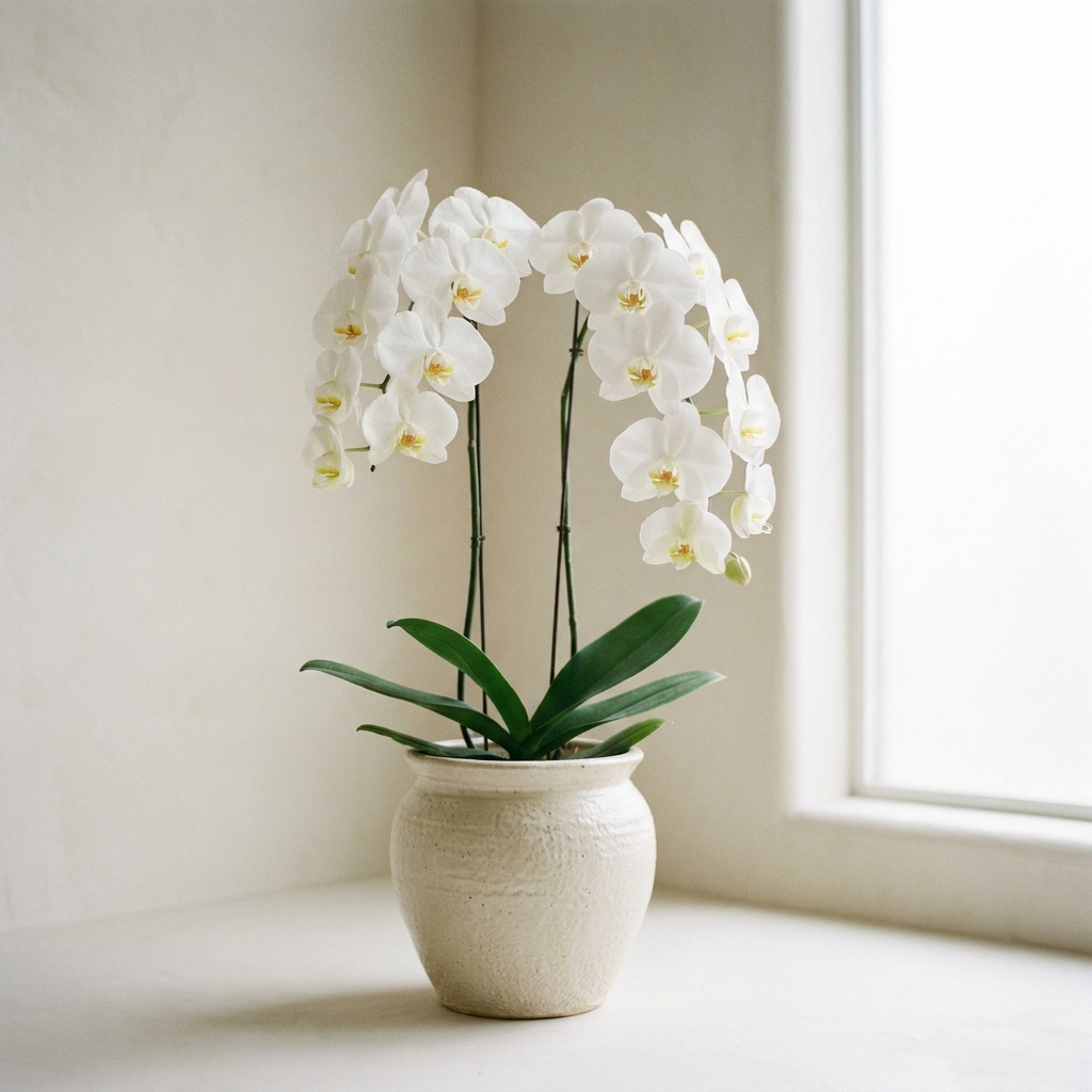 Double stem white orchid plant