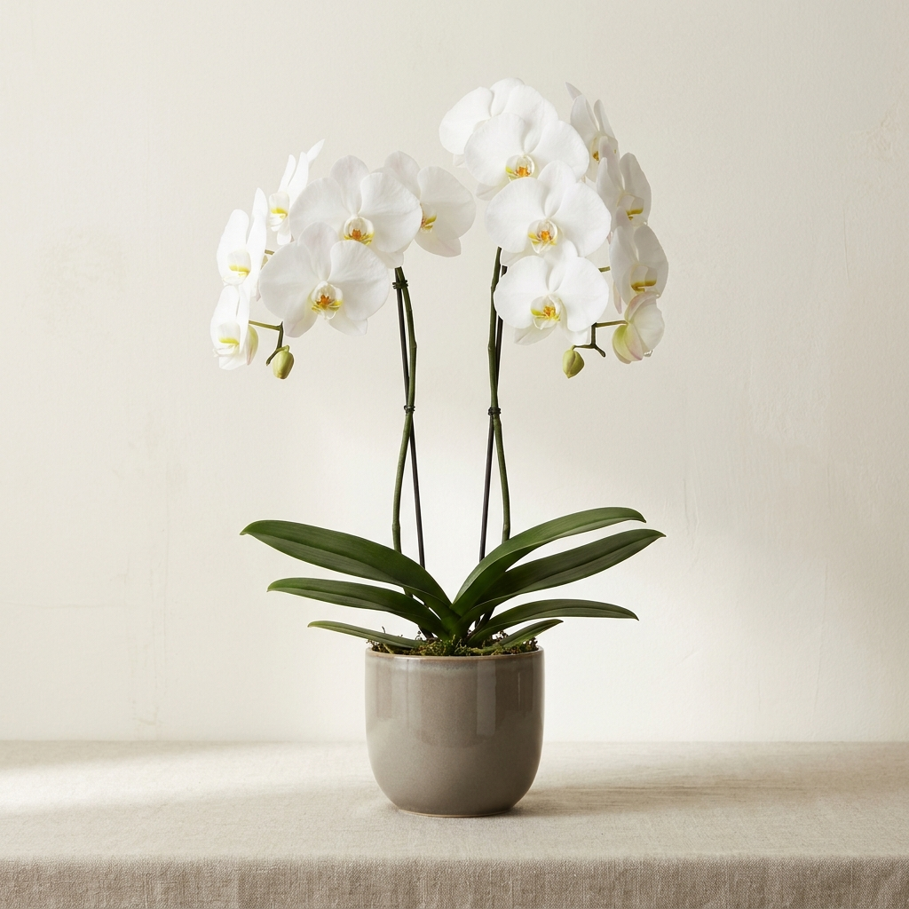 Double stem white orchid plant in a pot