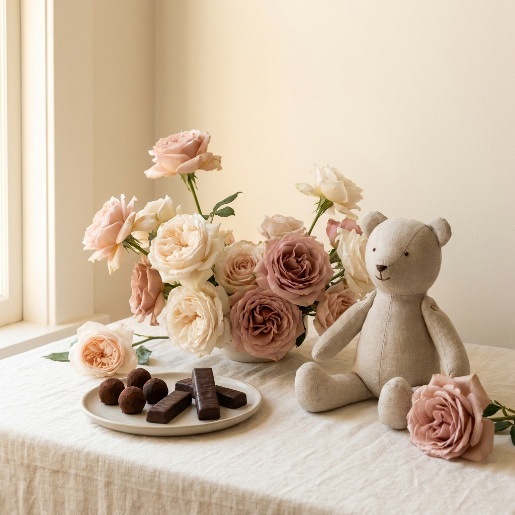 Mix of roses with chocolate and teddy
