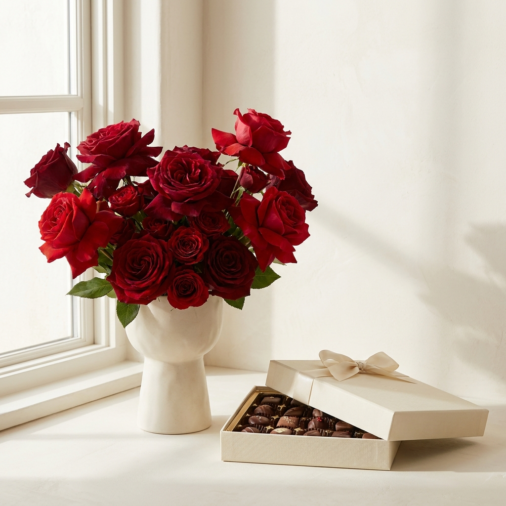 Red roses and chocolate box