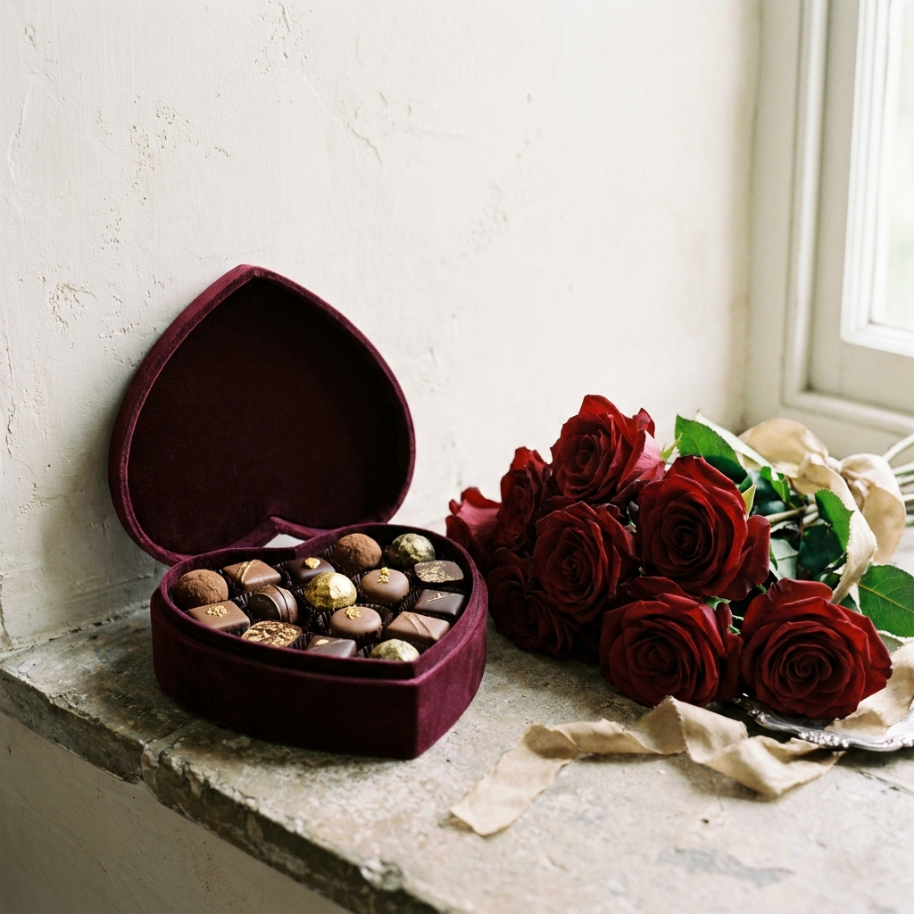 Red rose and chocolate heart box
