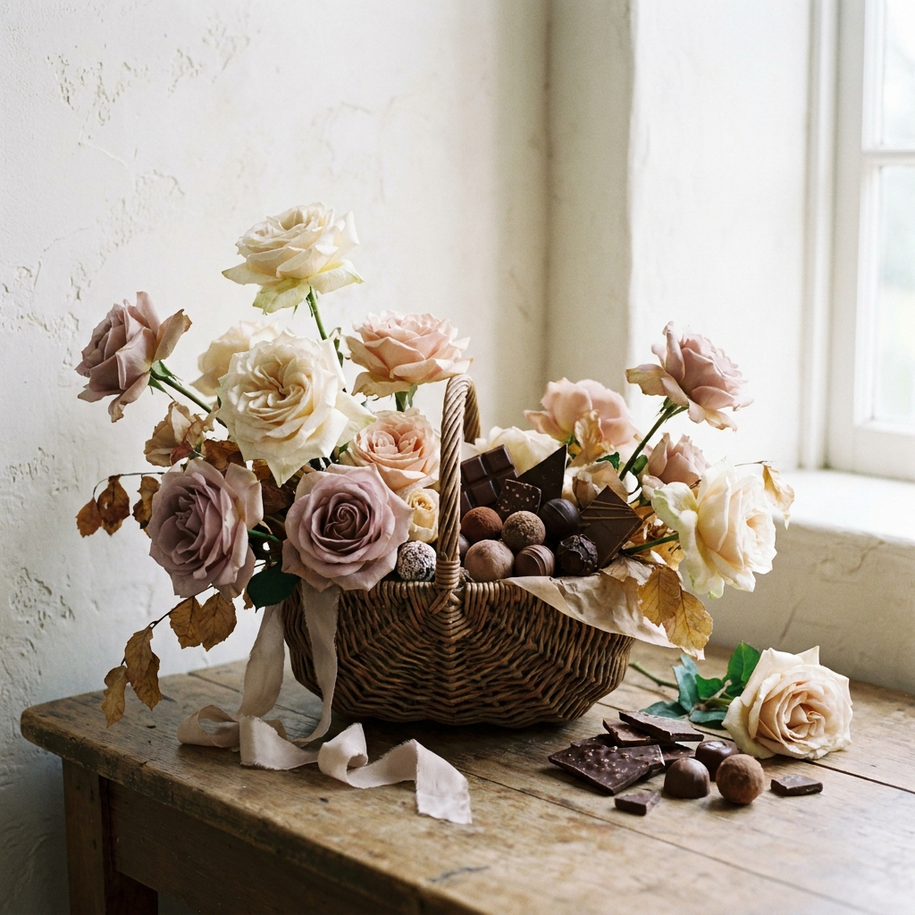 Roses and chocolate in a basket