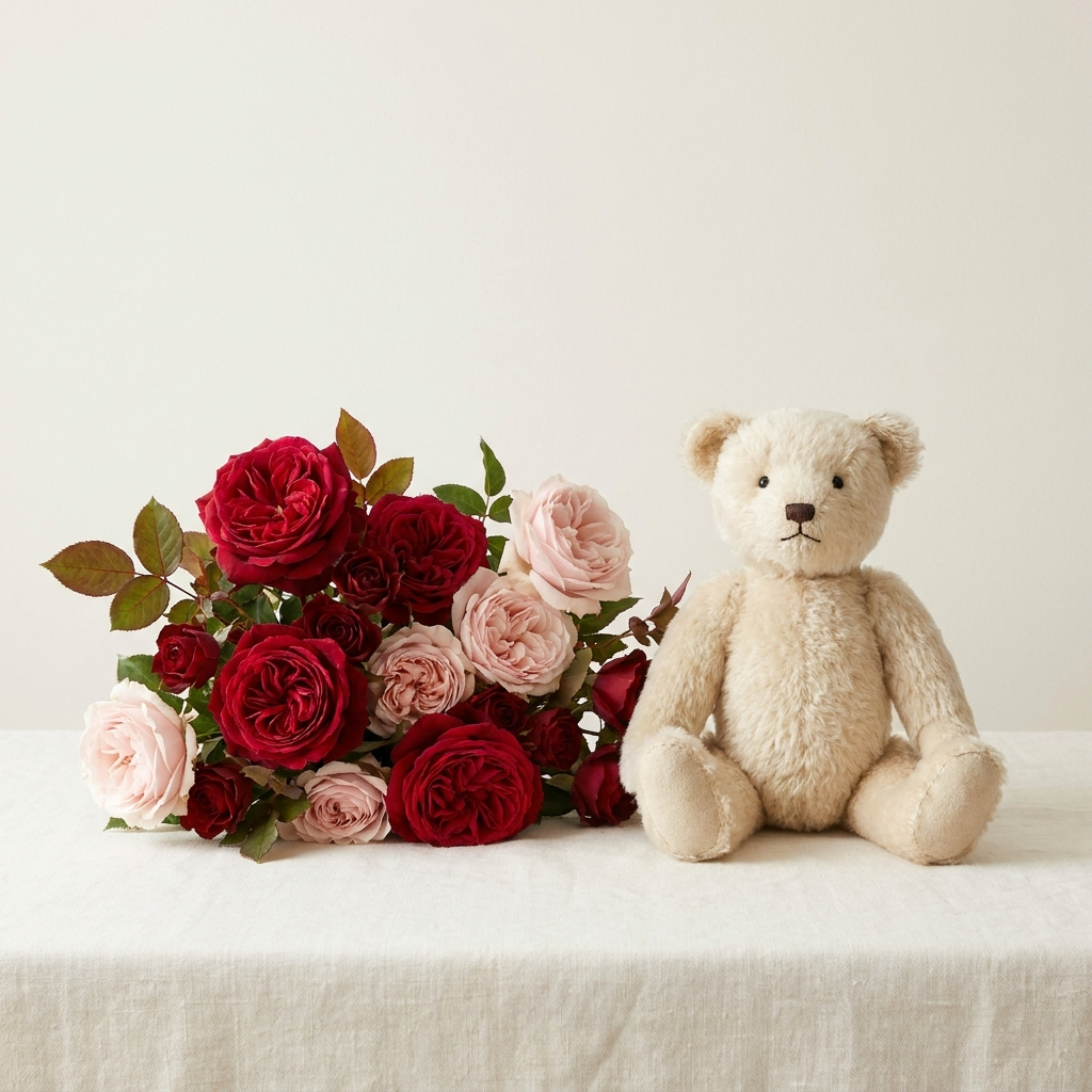 Red Pink Roses and Teddy Bear Combo