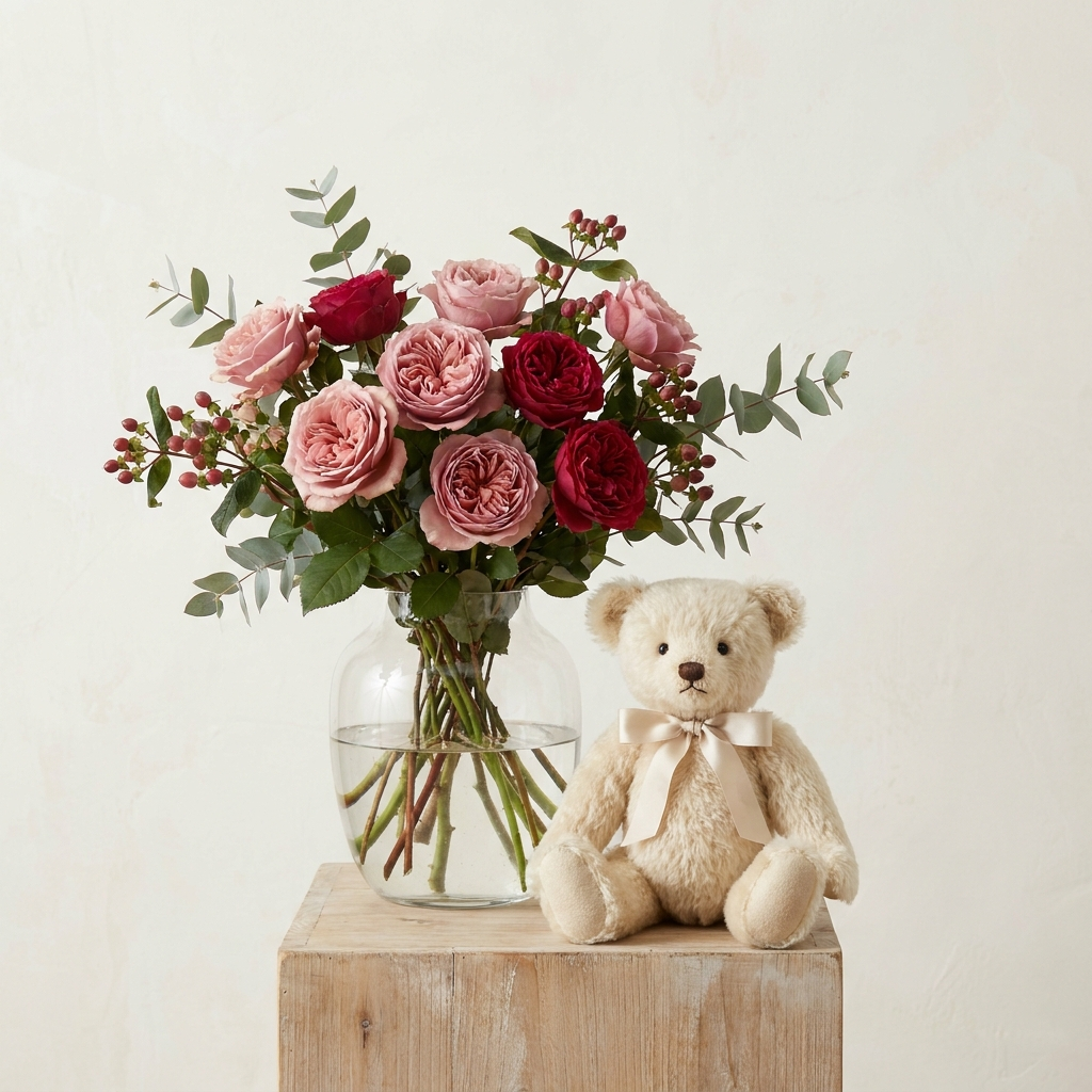 Pink and Red Roses with Teddy in a Glass Vase