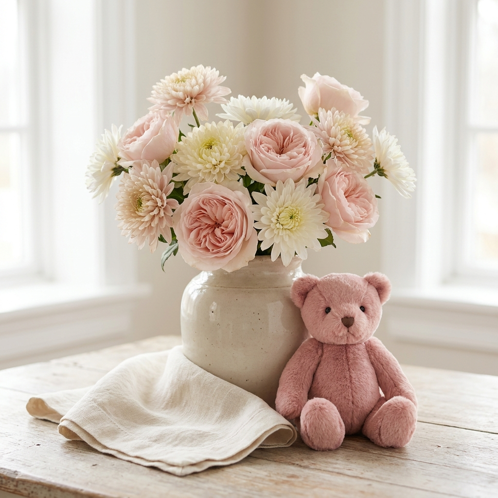Pink Roses and White Chrysanthemum with Pink Teddy